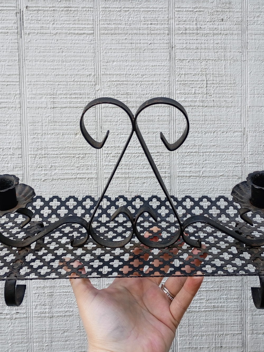 Vtg Mid Century Black Metal Mesh Double Table Top Candlestick Holder